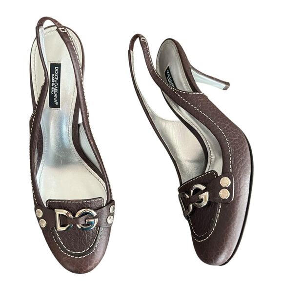 Dolce & Gabbana Shoes - Dolce & Gabbana Women’s Vintage Y2K Brown Round Toe Silver Logo Pump Heels 38